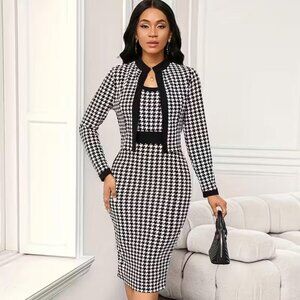 Elegant Houndstooth Blazer & Pencil Skirt Set